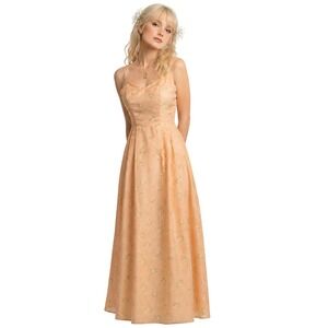 Maxi Dress Women Small Peach Floral Swiss Dot Pleated Spaghetti Strap Vintage